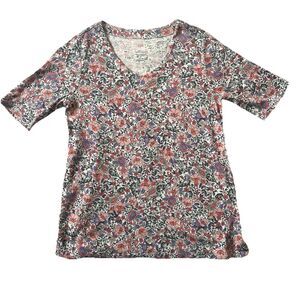 J Jill Womens Top XS Floral Print Pima Slub Elbow Sleeve Tee 100% Cotton Casual